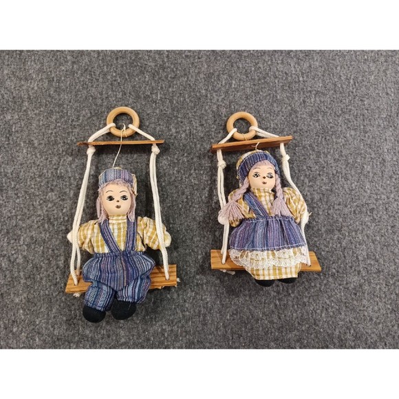 Vintage Porcelain Dolls Marionette Boy & Girl On A Wooden Swing Clown Doll - Picture 2 of 14